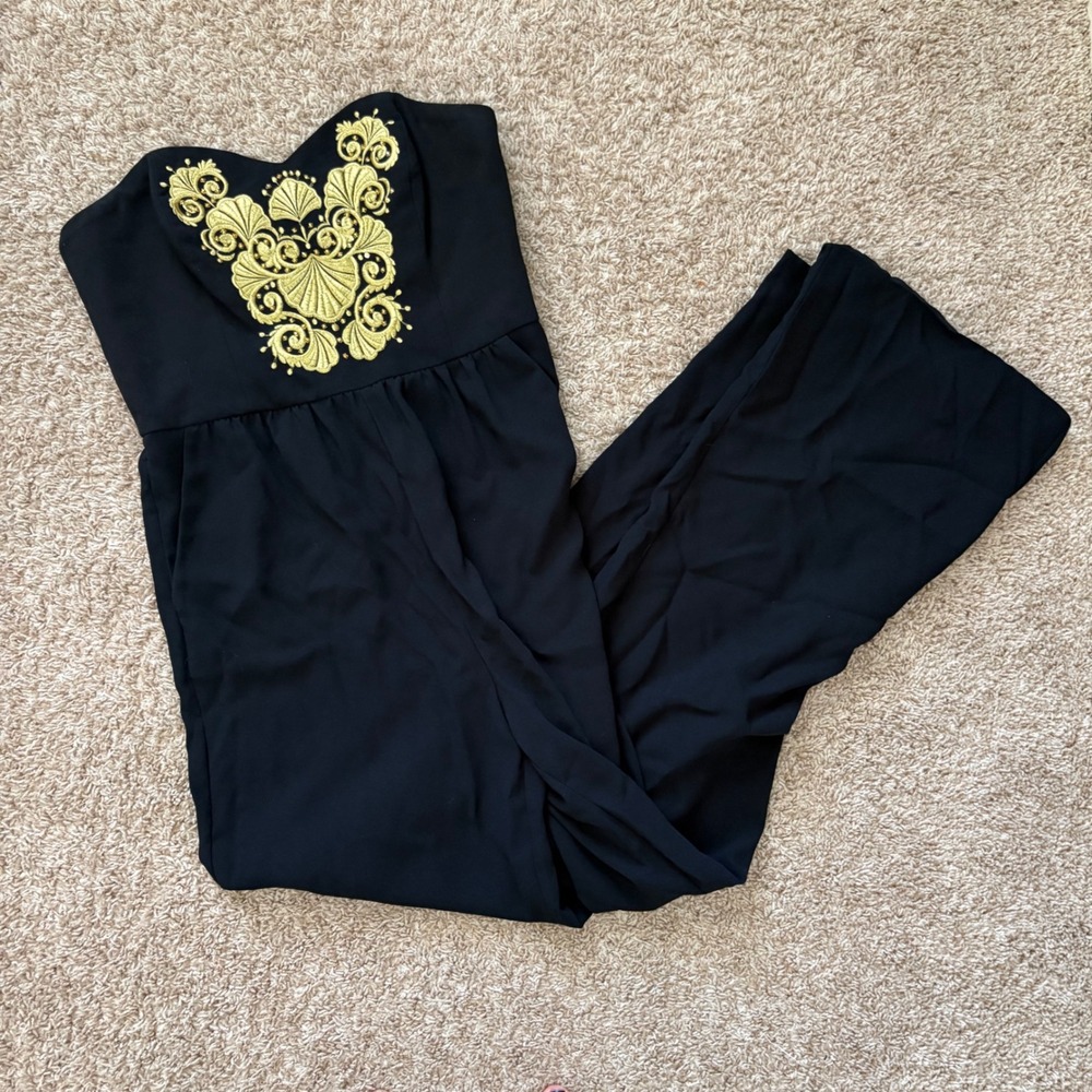Lilly Pulitzer Womens Navy Strapless Gold Embroidered Shell Jumpsuit Size 6